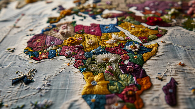 embroidery, world map, each country filled with its native flower