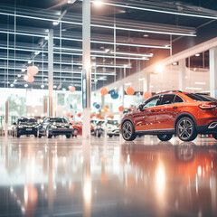 New modern car showroom waiting for sales blurred image abstract background - obrazy, fototapety, plakaty