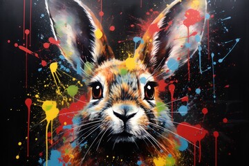  a painting of a rabbit's face with colorful paint splatters on it's face and a black background.