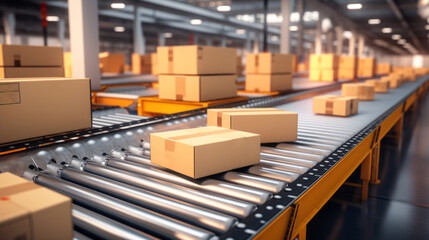 Many packages are transported on a conveyor belt for delivery