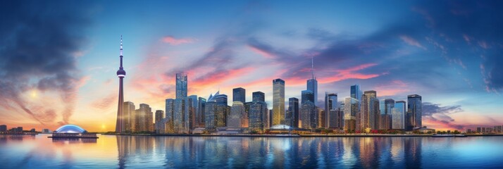 Naklejka premium skyline with skyscraper of big city in twilight and reflection on water