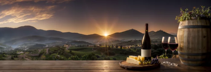 Papier Peint photo Toscane Wine bottles and glasses, wooden wine barrel in winery, sunset over valley, hills. Panoramic banner, header, background for restaurant, hotel, tuscany, tourism, travel. Generative AI.