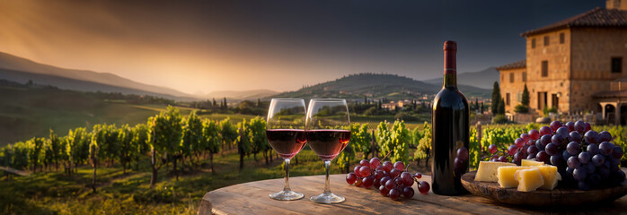 Wine bottle and glasses, grapes, cheese in winery, sunset over tuscany hills. Panoramic banner, header, background for restaurant, hotel, tuscany, tourism, travel. Generative AI.