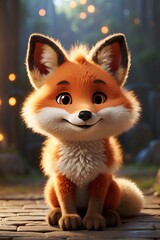 Obraz premium A fluffy, lovable baby fox with big, round eyes and a wise, sparkling gaze, cartoon
