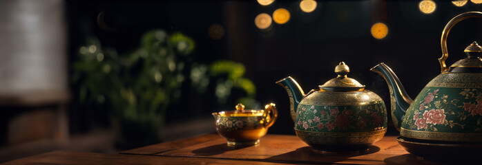 Green herbal  tea in decorative teapot on wooden table. Panoramic banner for tearoom, herbal store,...
