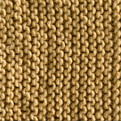 The beige garter stitch pattern is knitted with cotton yarn. Handmade concept, hobby, fashionable online knitting course.