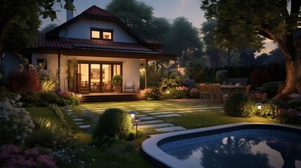 Lonely illuminated villa in nature by a pond at dusk - obrazy, fototapety, plakaty