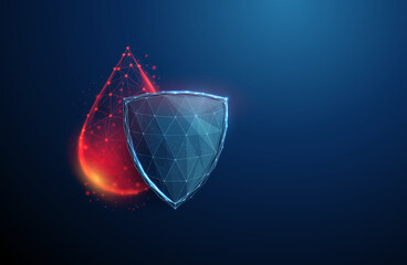 Abstract red drop of blood behind the blue futuristic guard shield. Medical blood protection concept. Low poly style. - obrazy, fototapety, plakaty