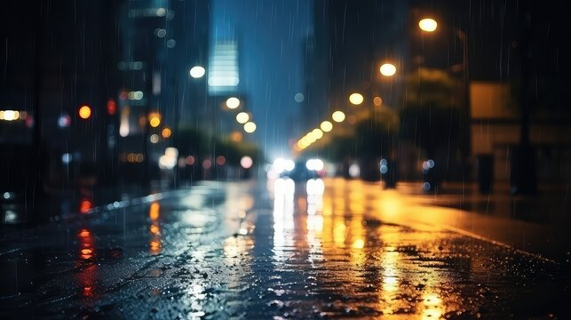 Raindrops on the asphalt in the city at night. Blurred background