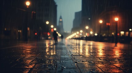 Rainy city street at night. Blurred background,