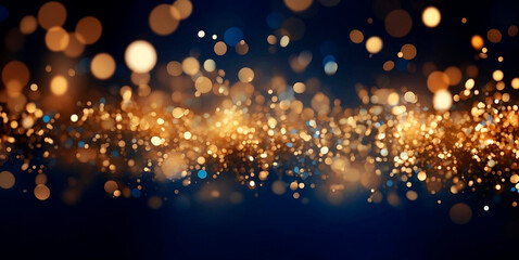 Obraz na płótnie Canvas Dark blue gradient background with stars and circles in gold color in bokeh effect.Glitter luxury gold. The background for the holiday.