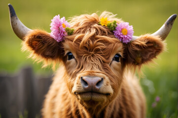 highland cow calf in the meadow with spring flower wreath on its head