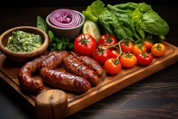  a wooden cutting board topped with sausages, tomatoes, lettuce, and a bowl of pesto.
