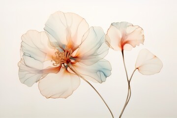  a close up of a flower on a white background with a blurry image of a flower in the background.