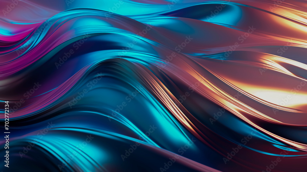 Wall mural Dark holographic abstract textured background. Wavy liquid metal in blue and purple blur gradient. 3D futuristic backdrop