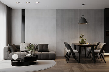 living and dining room in white and beige tones. Sofa, table, chairs, decor. Contemporary interior design