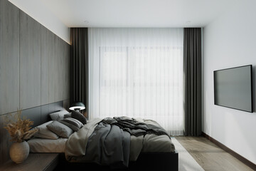 Sunlight comes into the Modern bedroom.