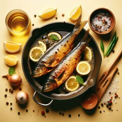 fish on a plate with vegetables and rice 
