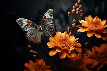  a close up of a butterfly on a plant with flowers in the foreground and a black background behind it.