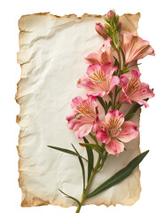 A long piece of crumpled yellow paper with jagged edges. A branch with lush pink daylilies on the side. Blank paper template for text. Isolated on a transparent background.