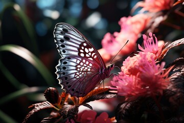  a close up of a butterfly on a plant with pink flowers in the foreground and a blue sky in the background.