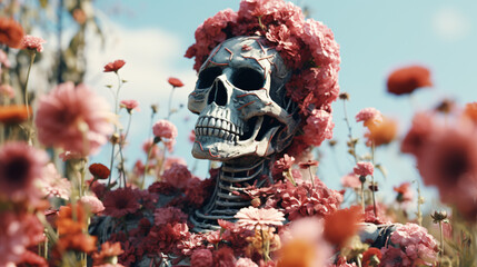 Skeleton covered in flowers