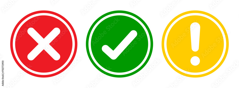 Poster Right, Wrong, Exclamation mark in new style. Vector set of flat round check mark, X mark icons, exclamation point. Checkmark, exclamation round sign, X mark -stock vector. Vector illustration
