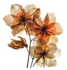 Translucent, dry, dried flowers close-up. Light passes through flower petals. Herbarium. Isolated on a transparent background.