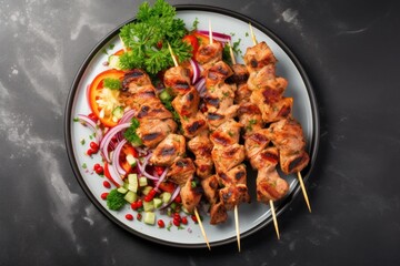  a white plate topped with meat and veggies on skewered skewered skewered skewers.