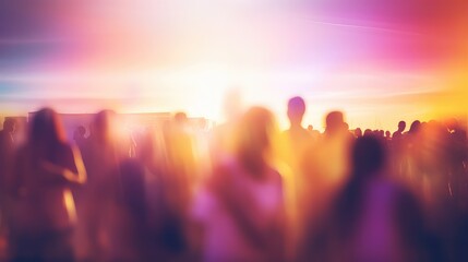Festival event party outdoor, blurred people background, sunset lights decoration - obrazy, fototapety, plakaty
