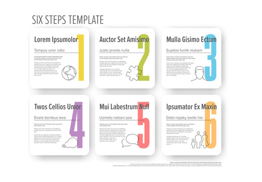 Light progress six steps template with big numbers, descriptions and icons on rounded white blocks
