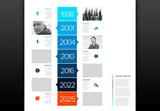 Simple vertical blue timeline process infographic with big year and photo placeholders