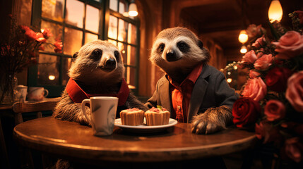 Valentine's day postcard, card. Couple lovery sloths on romantic date. Generative AI - obrazy, fototapety, plakaty