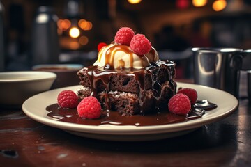  a piece of chocolate cake with ice cream and raspberries on a plate next to a cup of coffee. - obrazy, fototapety, plakaty