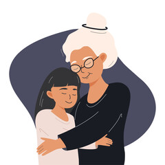 An elderly woman and a girl in arms. Happy granddaughter hugs her grandmother. Greeting card for Grandparents' Day. Happy Mother's Day. Flat cartoon vector illustration.
