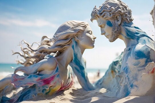 Antique sand sculptures of man and woman on beach background. Concept of endless love, mythology, devotion, sacrifice, vamentine's day, summer vacation, family travel. AI generated