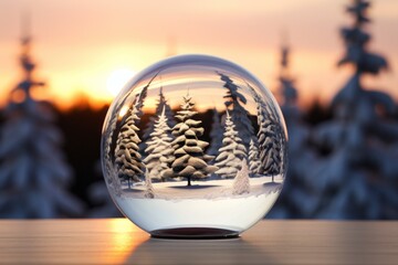 Fototapeta na wymiar a snow globe sitting on top of a table next to a forest filled with trees in front of a sunset.