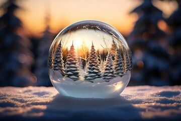  a snow globe sitting on top of a snow covered ground with trees in the reflection of the sun in the background.