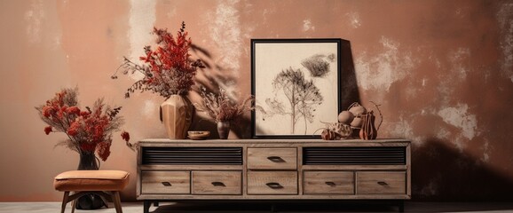 Create an artistic composition with a wooden commode, stool, dried flowers in a vase, unique decorations, carpet, and a mock-up poster frame, adding character to your living area.