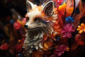  a close up of a sculpture of a fox with flowers on it's back and a blurry background.
