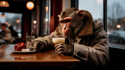 Obraz premium Sad lonely monkey in a cafe. Generative AI