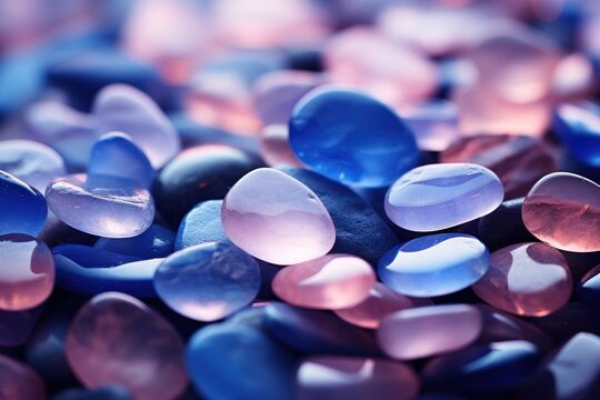  a close up of a bunch of rocks with some pink and blue rocks in the middle of the picture and some blue and pink rocks in the middle of the picture.