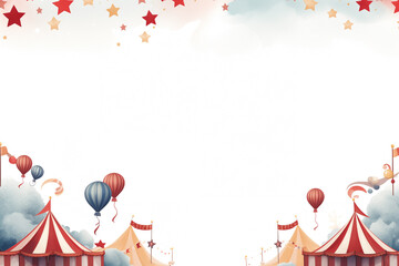 Circus background with tents, pennants and balloons. Frame border with place for text. - obrazy, fototapety, plakaty