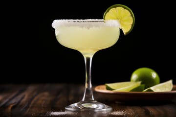  a margarita sitting on top of a wooden table next to a plate of limes and a bowl of limes.