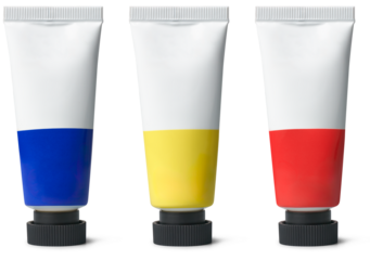 set of artist's paint tubes with black cap isolated on white background, art supplies of primary colors blue, yellow and red, mock-up template of oil or acrylic or watercolor paint