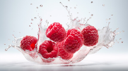 Fresh and delicious red raspberry fruits and water splashing isolated on white background, close up shot.