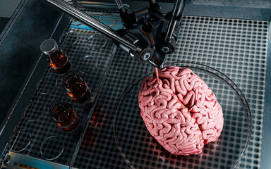 Obraz na płótnie Canvas 3d bioprinting of the human brain. Futuristic concept of printing human organs using a printer. 3d rendering