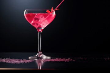  a close up of a drink in a wine glass with a straw sticking out of the top of the glass.