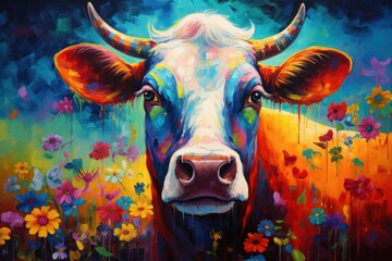  a painting of a cow in a field of flowers with a blue sky in the background and yellow and red flowers in the foreground. - obrazy, fototapety, plakaty