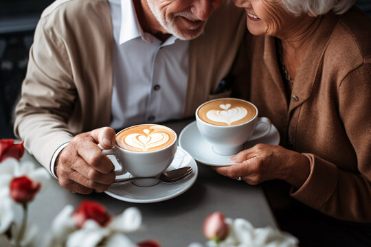 Happy senior couple talking and drinking coffee latte with heart shaped latte art, eldery lover and valentine concept.